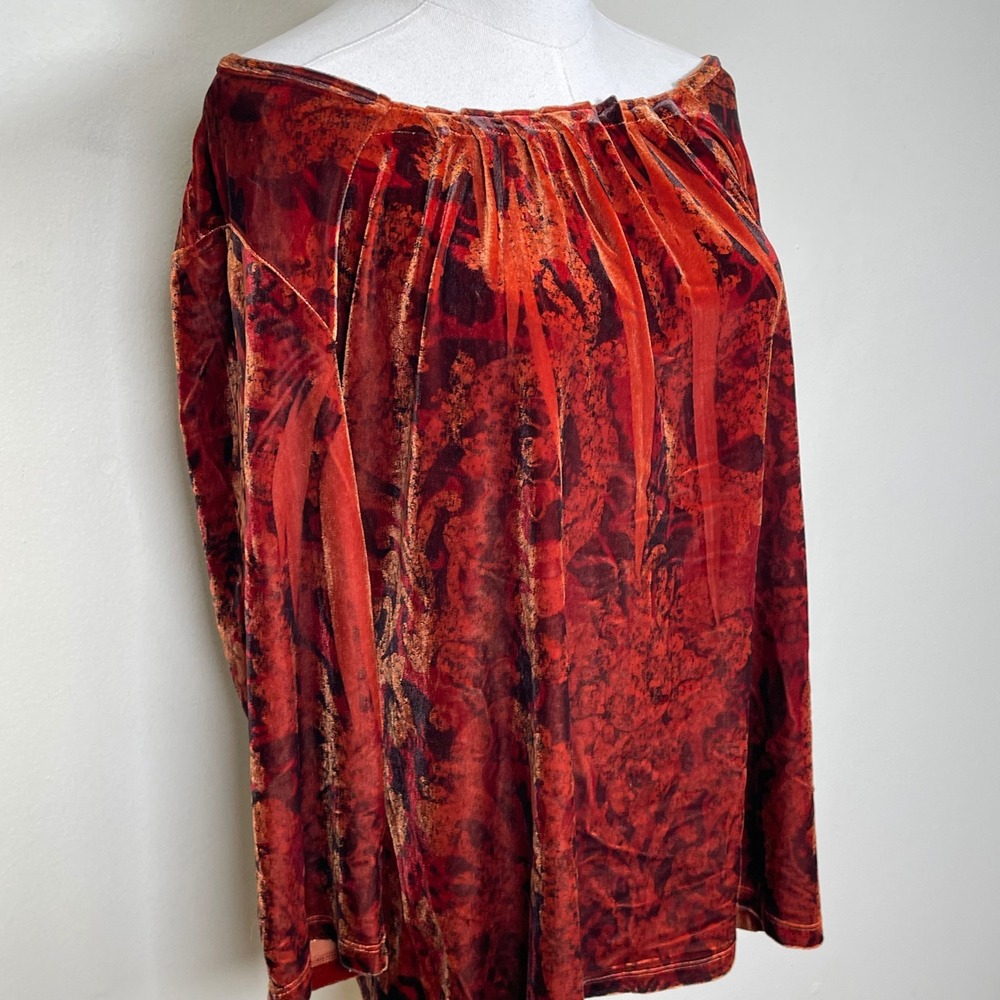 B.L.E.U. Velvet Burnout Tunic Top Women M Red Damask Off Shoulder Y2K Whimsigoth - Picture 4 of 9